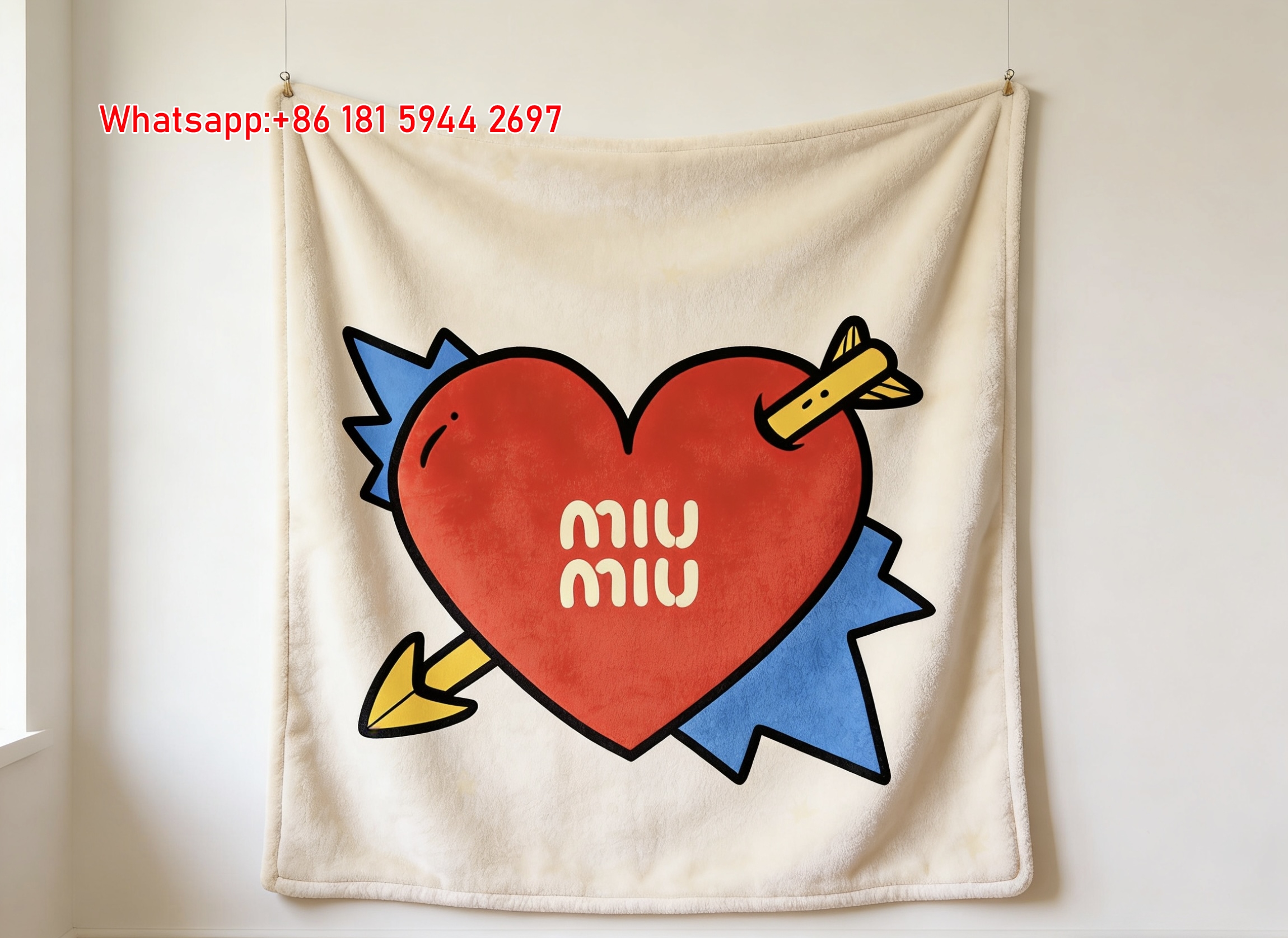 Miu Miu Bright Red Love Heart Flannel Throw Blanket with Logo Print IMG_0418